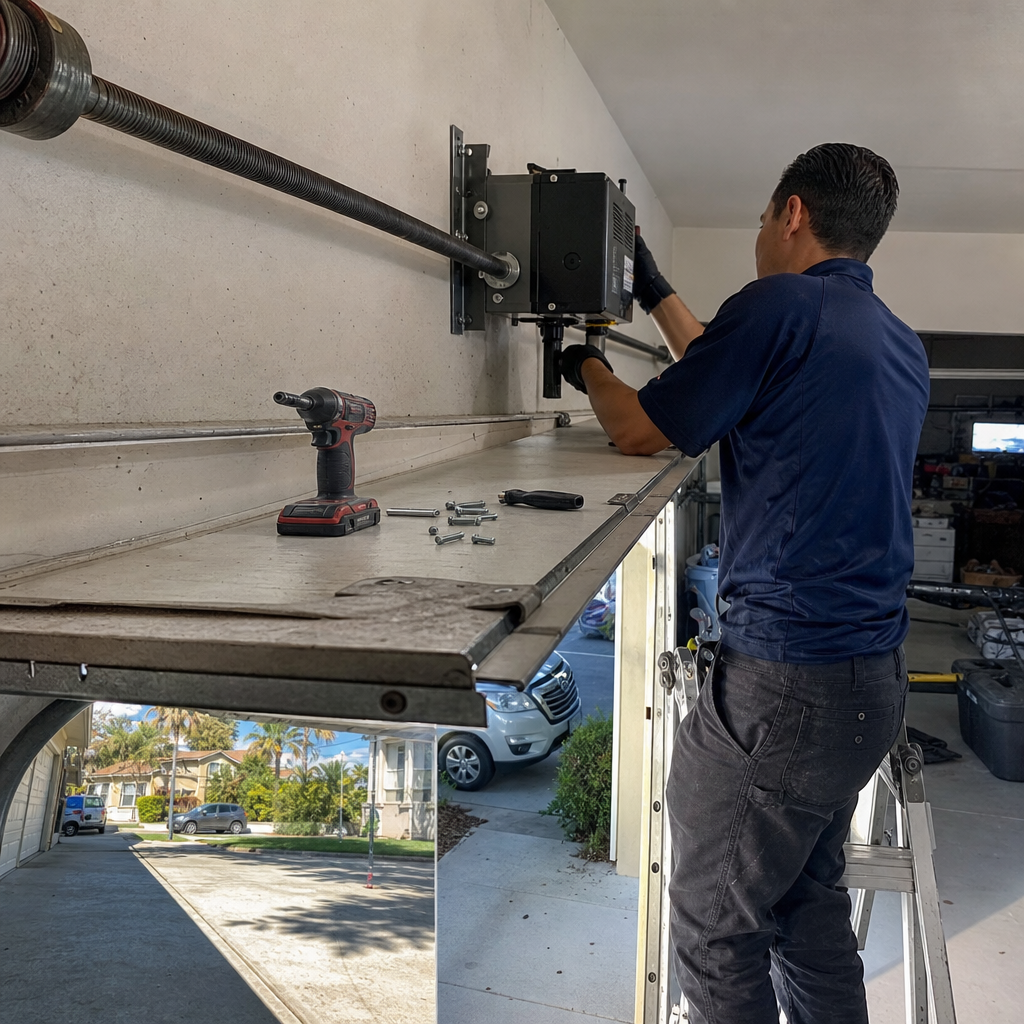 Technician installing garage door opener