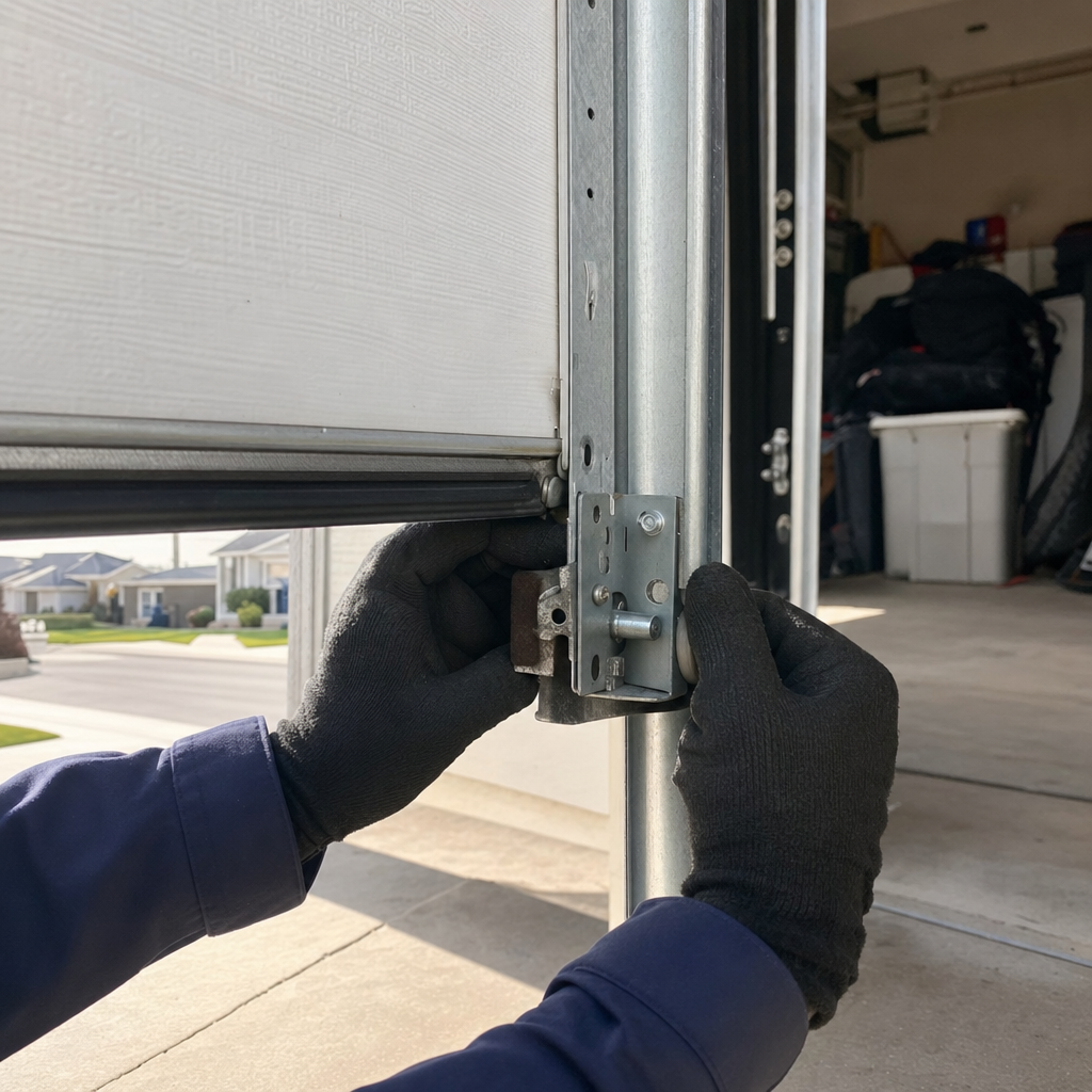 Professional replacing garage door roller on track