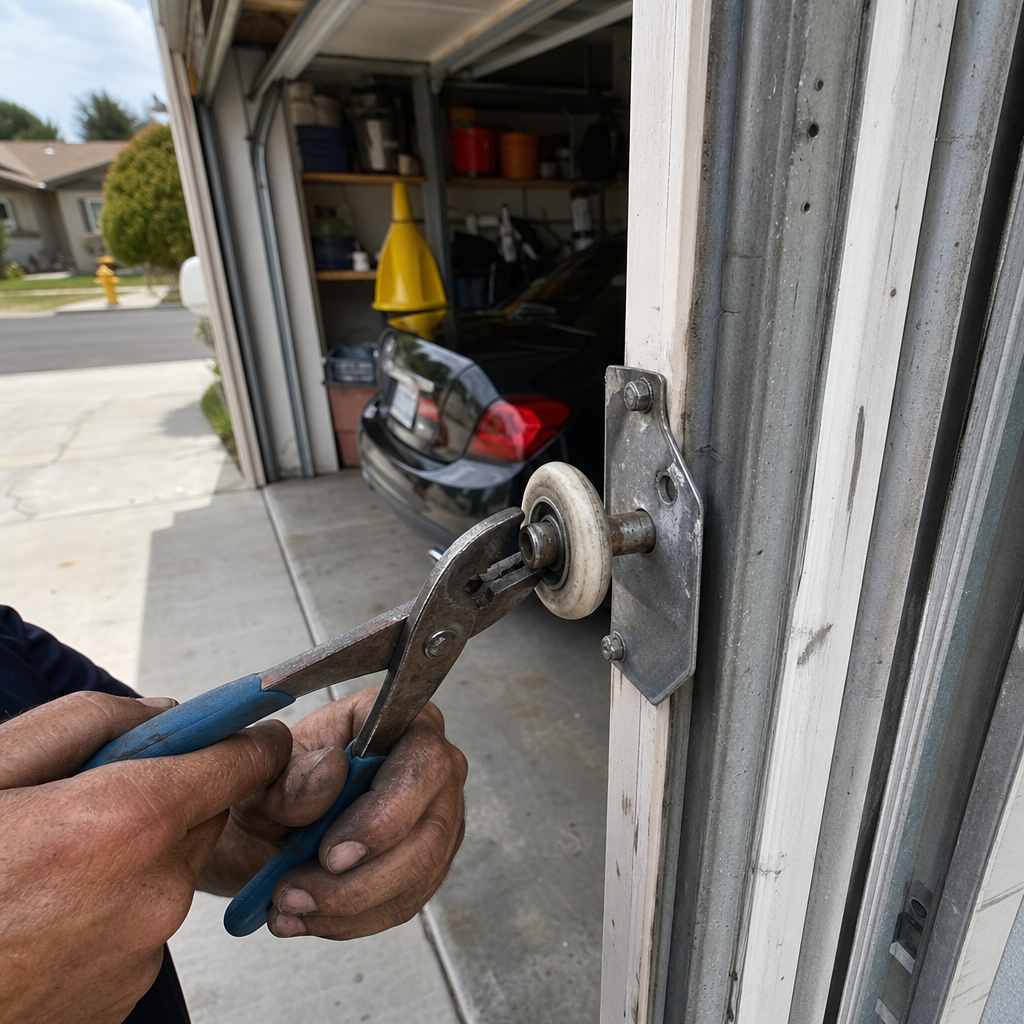 Garage door repair: technician removing roller with pliers