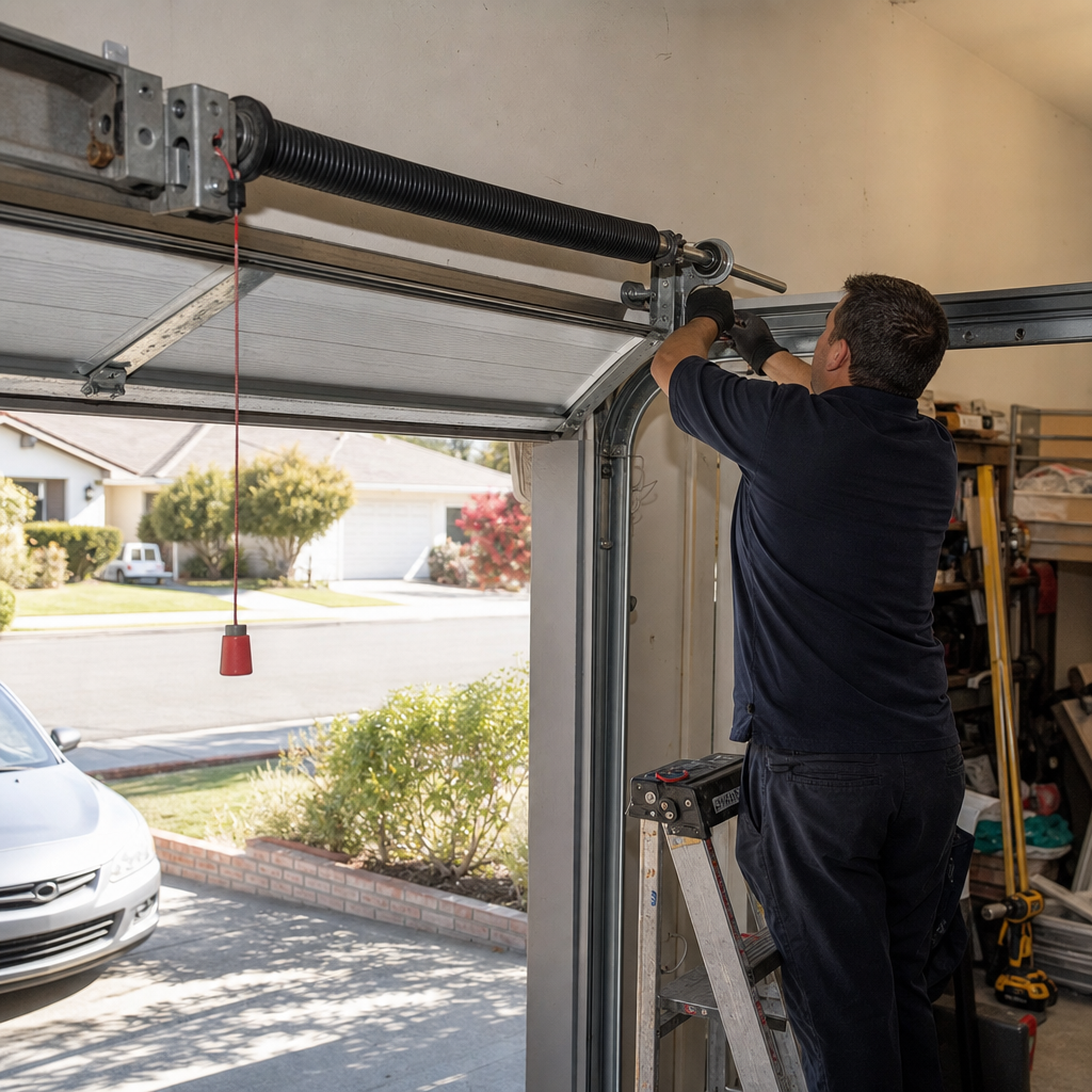 Garage door technician repairing emergency garage door spring in West Hollywood, CA